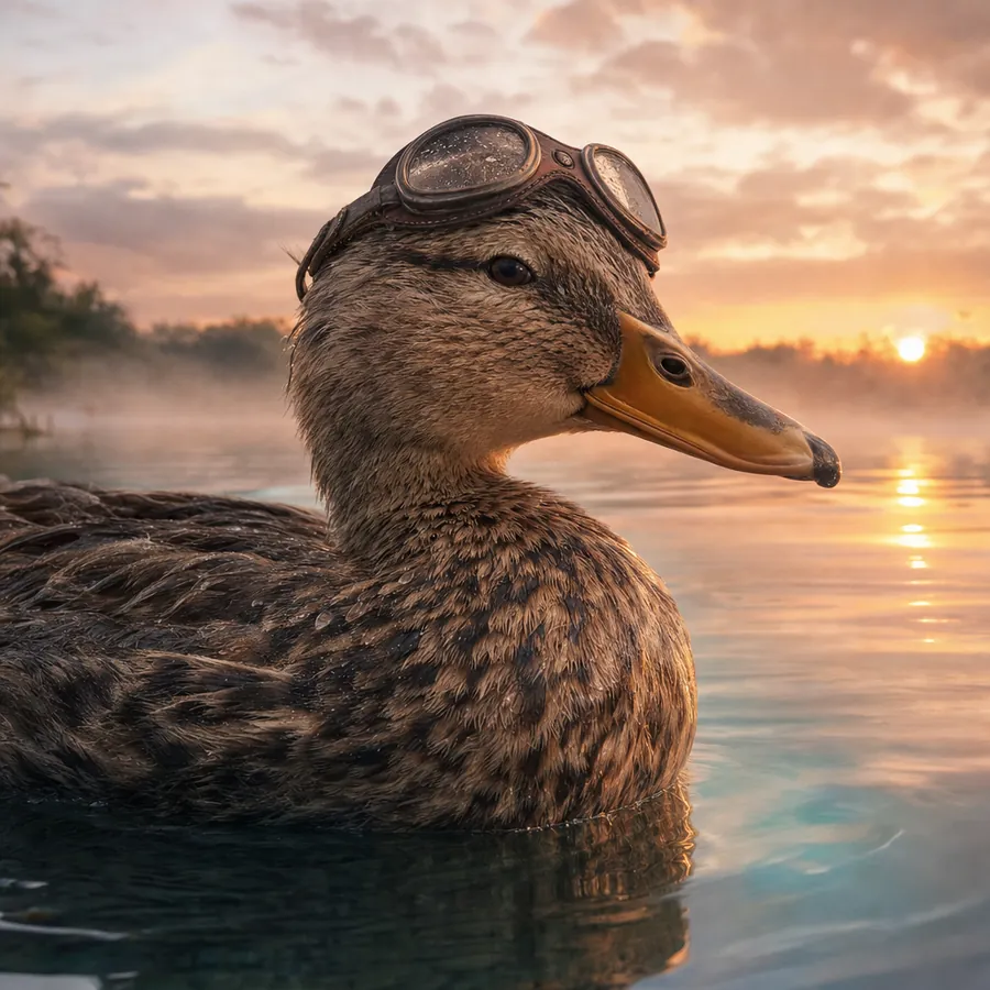 Quacc floating at sunrise with his goggles pushed up on his head
